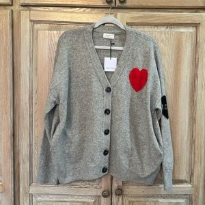 Gray Cardigan Sweater with Red Heart